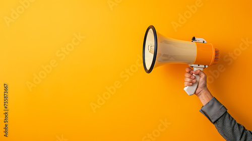 Hand holding megaphone against an orange background, promoting marketing and sales.