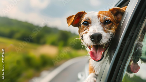 Happy dog with head out of the car window having fun. Travel mood. Space for text. 