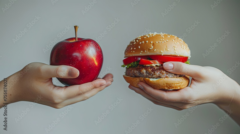 Two hands presenting a stark choice between a healthy fresh apple and an unhealthy burger, symbolizing dietary decisions. Two hands presenting a stark choice between a healthy fresh apple and an unhealthy burger, symbolizing dietary decisions.