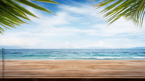 Savor the Tranquility of a Perfect Summer Vacation by the Tropical Sea with Waves  Palm Leaves  and an Empty Wooden Table on a Beach Paradise