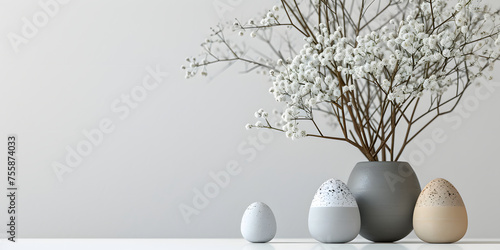 minimalist easter composition with vase  pastel eggs and spring blossoms on white background. modern still life with copy space