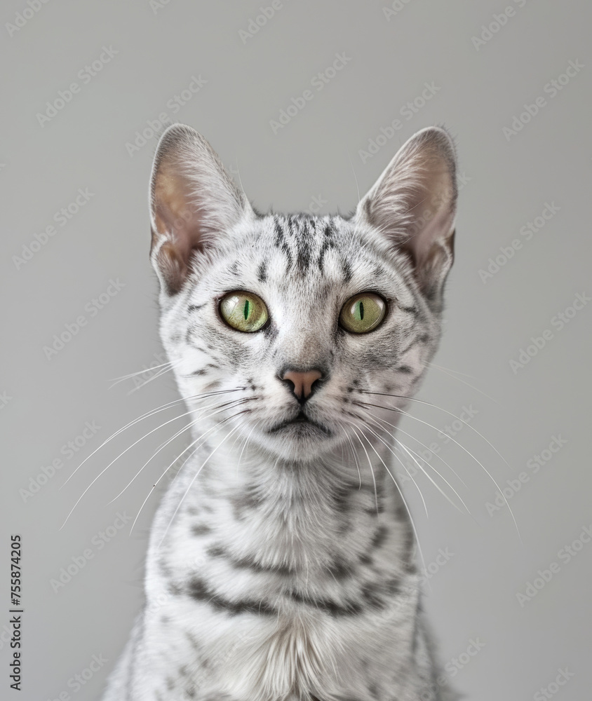 Elegant silver Bengal cat with captivating green eyes staring intently. Ideal for animal and beauty themes. Generative AI.