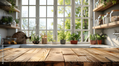 Wood table top on blur kitchen window background, generative ai © Saleem