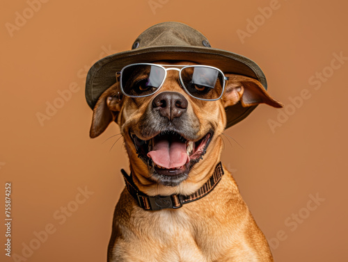 Adventurous Dog Wearing Sunglasses and Explorer Hat on a Tan Background. Generative AI. © NILSEN Studio