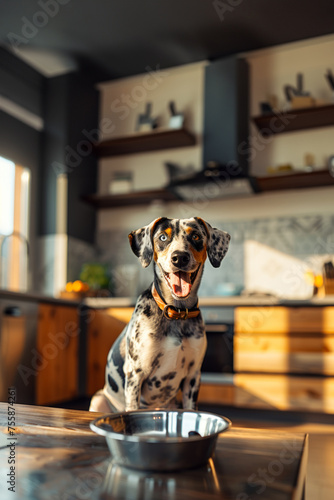 Excited Dog waiting for meal time in a sunny kitchen. Home comfort and pet anticipation. Generative AI. © NILSEN Studio