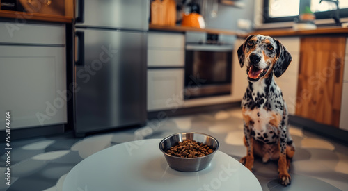 Happy Dalmatian mix sitting patiently by its food bowl in a modern kitchen, waiting for mealtime. Panoramic image with copy space. Generative AI. © NILSEN Studio