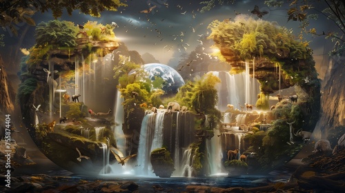 Unity in Diversity: An Earth Day Celebration, reveals a captivating double exposure visual of the Earth, where waterfalls, majestic animals, harmonious human interaction