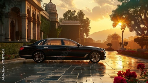 Luxury Redefined: Realistic Side View of a Sedan in Picturesque India generative ai © RamvijayB