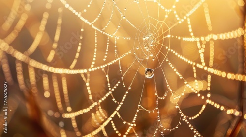 Close-up of a spider web with glistening dew drops illuminated by golden morning sunlight. © roongtiwa
