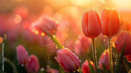 Pink tulips covered with dew, illuminated by the morning sun. #755875846