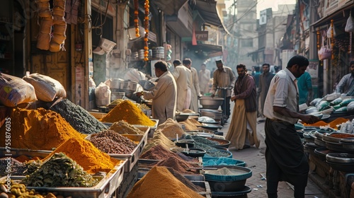 Aerial view of spice market stalls with colorful displays. Urban lifestyle and trade concept