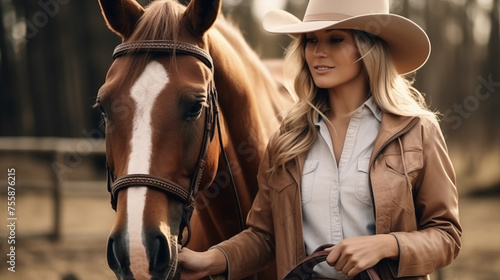 A blonde woman in a hat and riding clothes stands next to a brown horse on a farm.