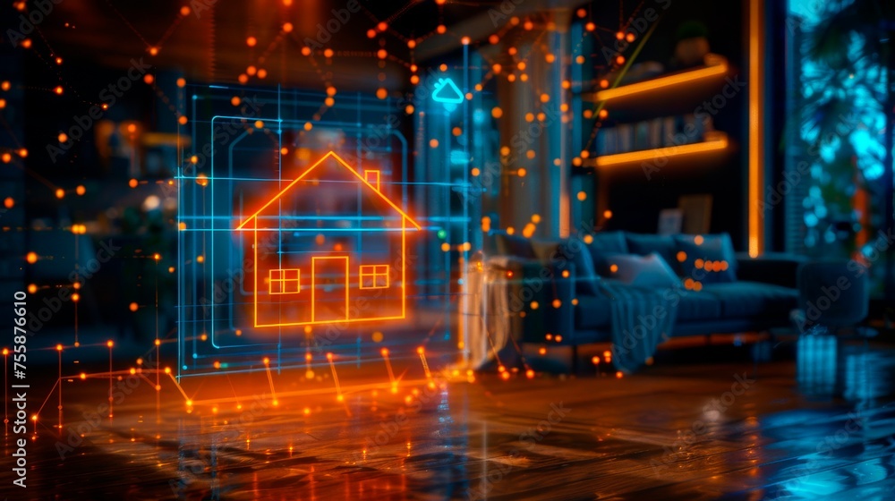 Obraz premium Digital hologram of a smart home technology icon with orange light and blue lines in a living room at night, horizontal banner 