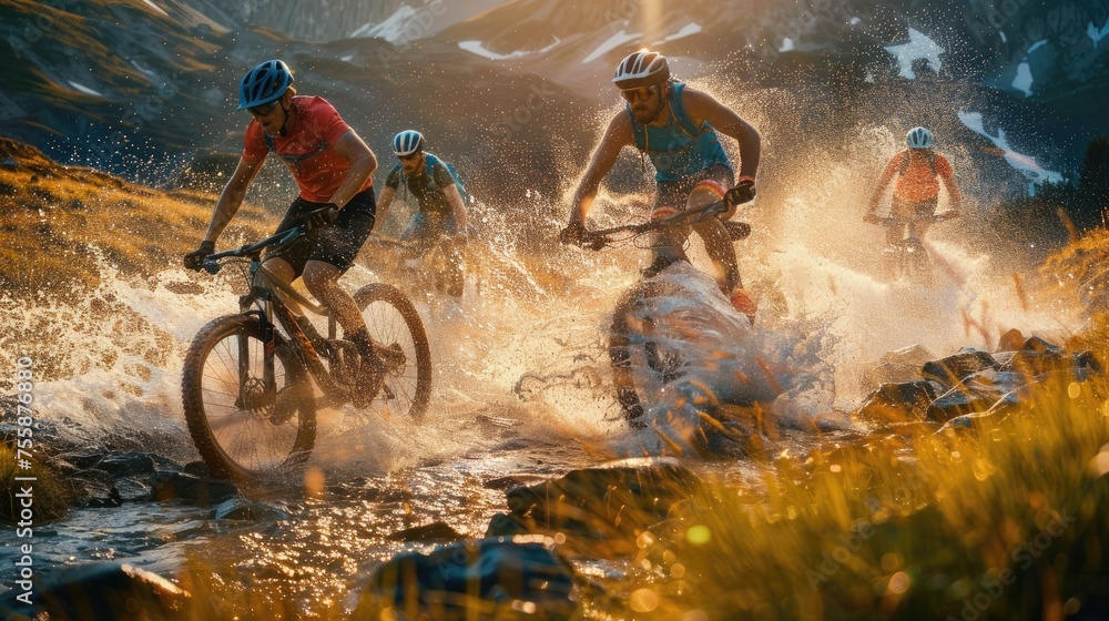 Fototapeta premium Adventurous mountain bikers racing through a mountain stream, splashing water in the glowing light of sunset.