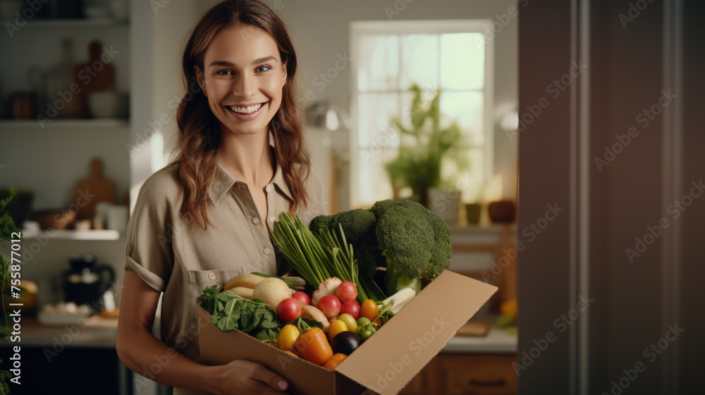 Smiling woman holding a box filled with fresh vegetables in a home kitchen setting. Smiling woman holding a box filled with fresh vegetables in a home kitchen setting.