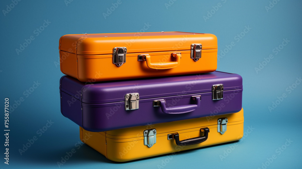 purple yellow and orange suitcases on a blue background сreated with Generative Ai