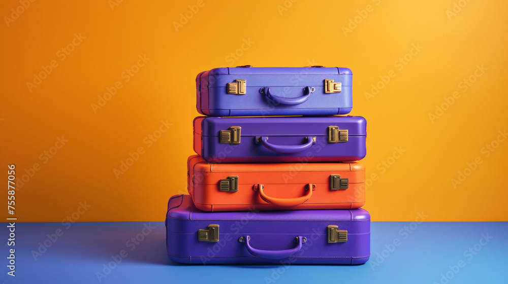 Obraz premium purple yellow and orange suitcases on a blue background сreated with Generative Ai