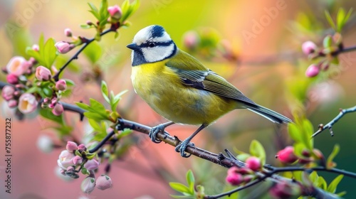 A small yellow bird sits on a branch of a blossoming cherry and apple tree in the garden. Tit. Spring background