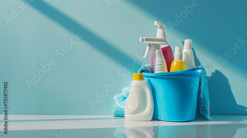 A blue container filled with various cleaning
