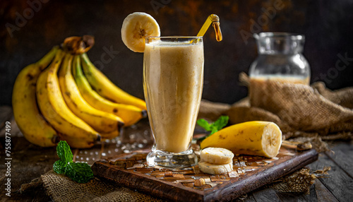 VITAMINA DE BANANA: SMOOTHIE DE BANANA EM UM CONCEITO DE ALIMENTAÇÃO SAUDÁVEL EM ESTILO RÚSTICO photo