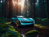 Futuristic electric drive car on the background of forest and lake