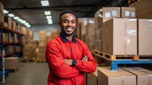 Confident man is smiling and standing in a warehouse with shelves filled with boxes, suggesting a role in logistics or inventory management.