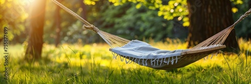 Summer or spring landscape with a hammock in a green garden, forest. Warm sunny day. Vacation concept. Banner