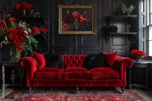 A richly hued setting with a luxurious red velvet sofa and coordinating floral arrangements