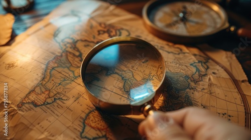 Hand holding magnifying glass a world map searching for hidden investment opportunities.