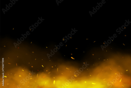Fire sparks realistic image on black background. Red fire sparks, particles and smoke rising in air. Warm orange light smoke, Vector
