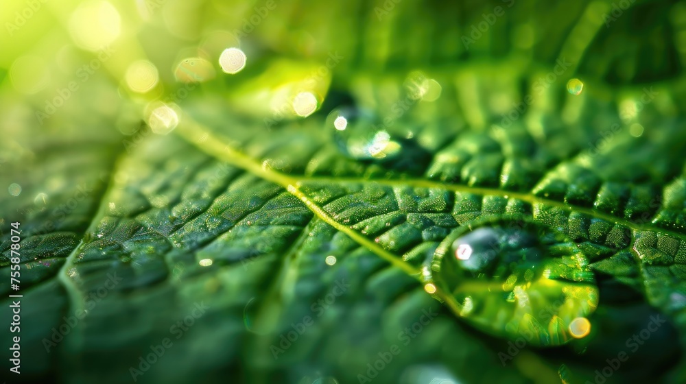 Macro shot of fresh dew drops on a vibrant green leaf, symbolizing freshness and the beauty of nature.