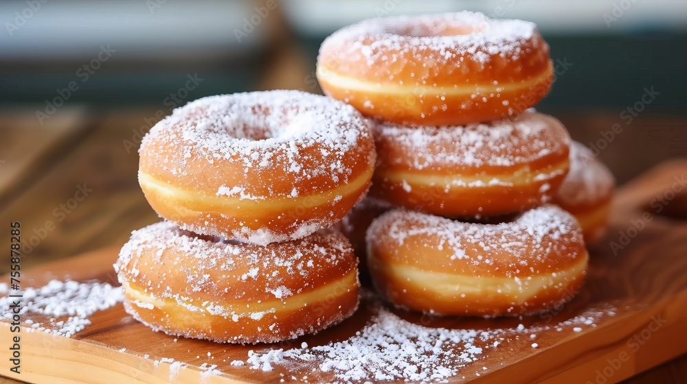 Close-up of sugary donuts stacked on a wooden board, with a sprinkle of sugar on top.