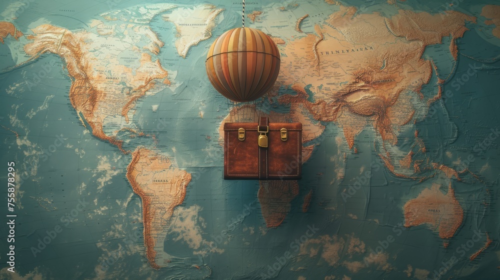Hot air balloon shaped like a briefcase floating over a map of the world.