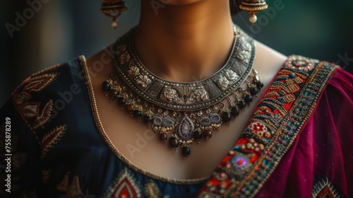 Multilayered Magnificence: Traditional Indian Necklace in Maroon and Indigo generative ai