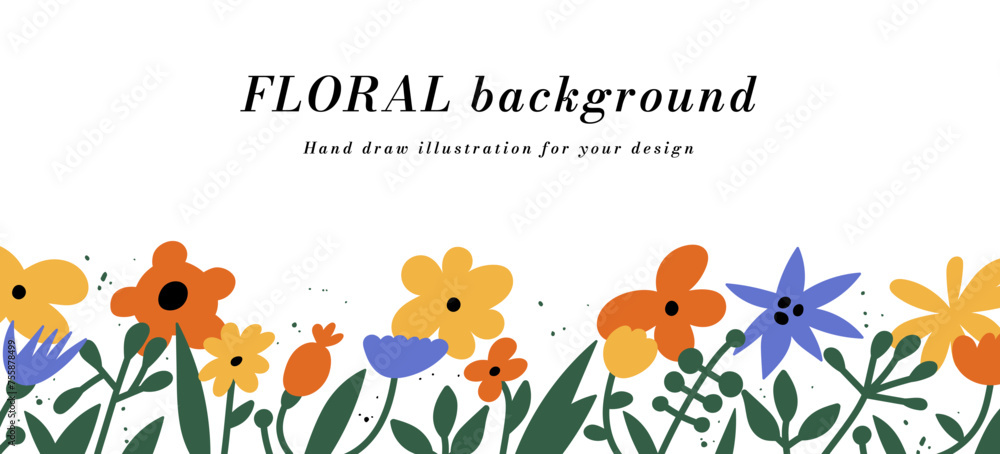 Vector horizontal white banner with different flowers. Background decorated with colorful spring botanical flowers