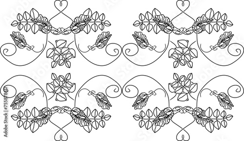 line art illustration of tendrils, leaves and butterfly pea flowers for horizontal seamless pattern tile