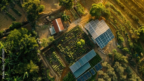 An aerial shot capturing the sustainable blend of solar panels with the rustic charm of a countryside farm at sunrise.