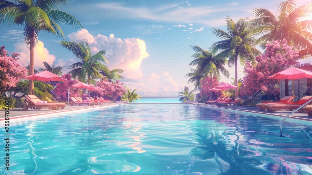 Luxurious tropical poolside at sunset - An inviting swimming pool surrounded by palm trees and loungers under a pink sunset sky, illustrating luxury and relaxation - obrazy, fototapety, plakaty 