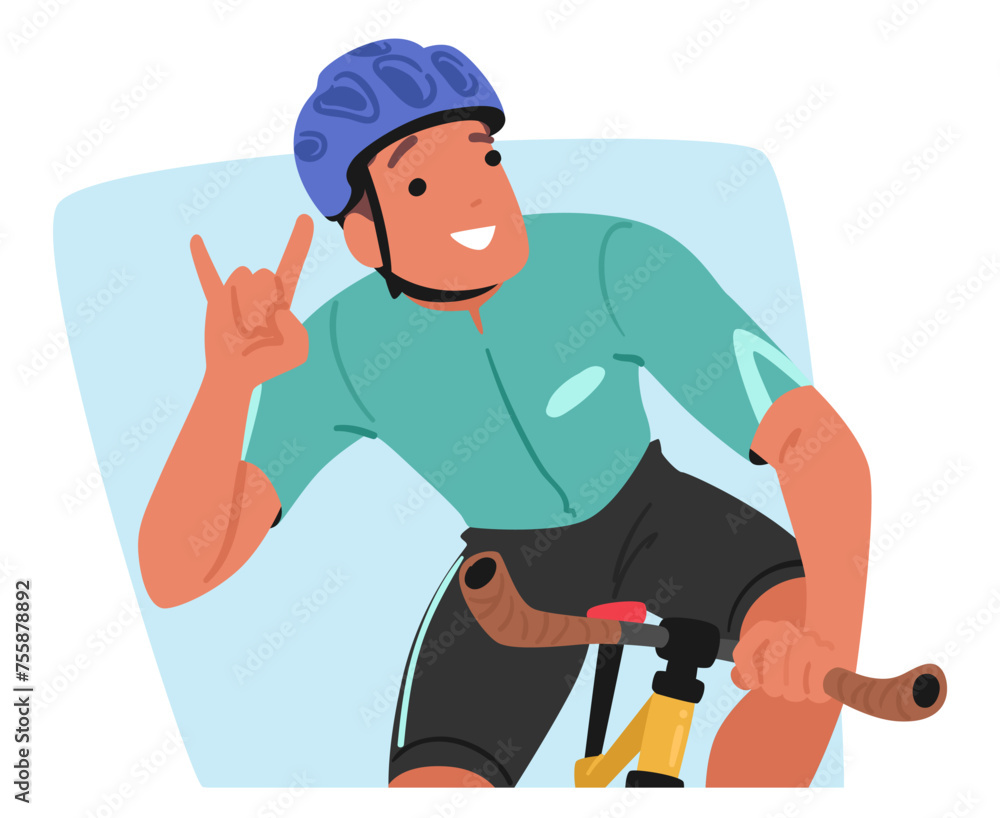 Sportsman Cyclist Confidently Rides His Bike, While Flashing The Iconic Rock Gesture, Exuding A Spirit Of Determination Sportsman Cyclist Confidently Rides His Bike, While Flashing The Iconic Rock Gesture, Exuding A Spirit Of Determination