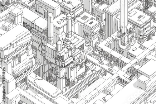 Isometric city built entirely with black lines  highlighting structure and organization.