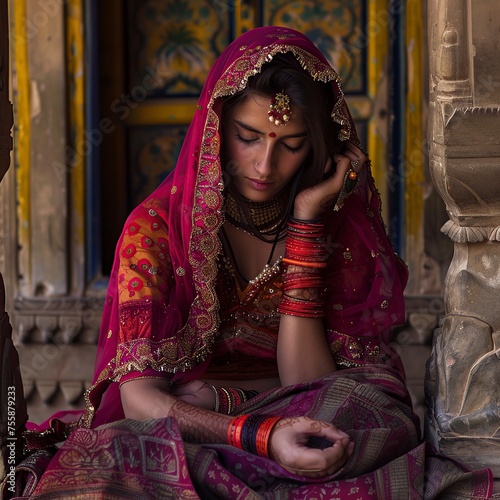 Woman in Yellow Sari Sitting in Doorway