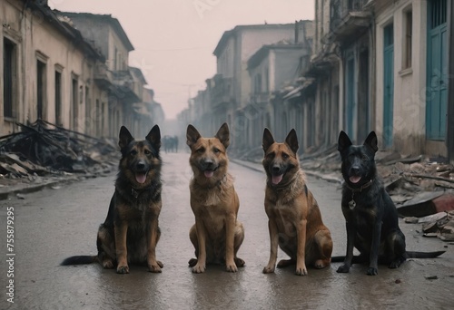 A gang of stray dogs.Half-a-dozen stray street dogs roaming in a residential area.Homeless dog on the street of the old city.Homeless animal problem photo