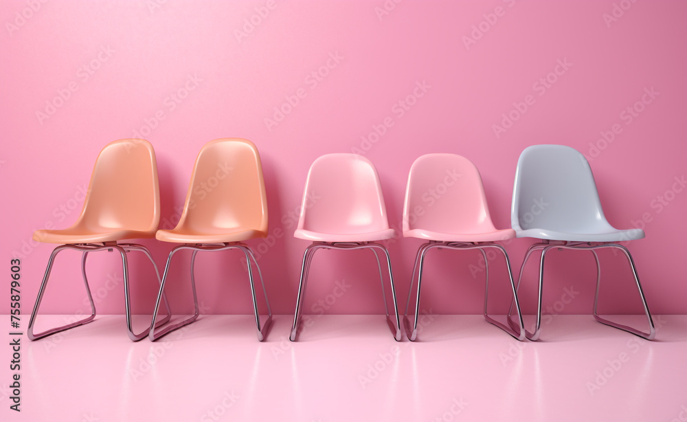 Obraz premium pink pastel classroom chairs are sitting up next to each other сreated with Generative Ai