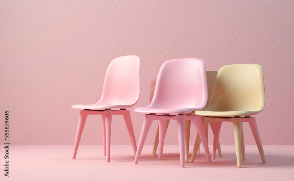 Obraz premium pink pastel classroom chairs are sitting up next to each other сreated with Generative Ai