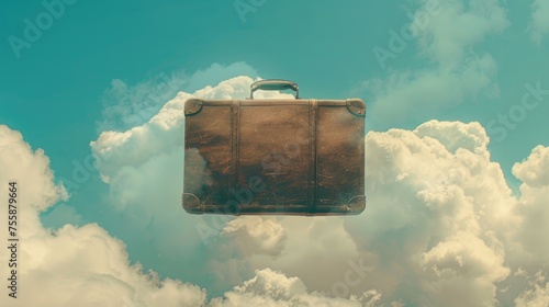 A conceptual image of a vintage suitcase floating against a sky with fluffy clouds.