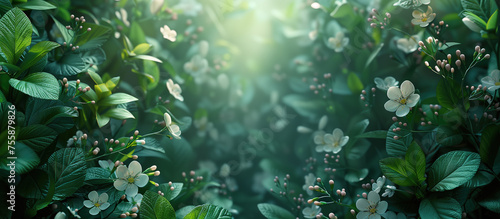 Beautiful spring background with blooming white flowers and green leaves.