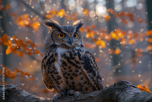 Eurasian eagle-owl (Bubo bubo) sitting on a branch in the autumn forest. Beautiful owl.