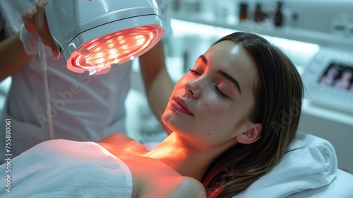 a woman is getting a red light treatment on her face