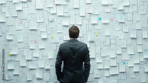 A man in a suit is looking at a wall covered in post it notes. Back view of Businessman managing deadline tasks check