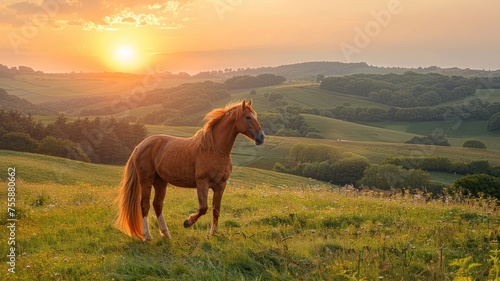 green fields, in the distance a horse